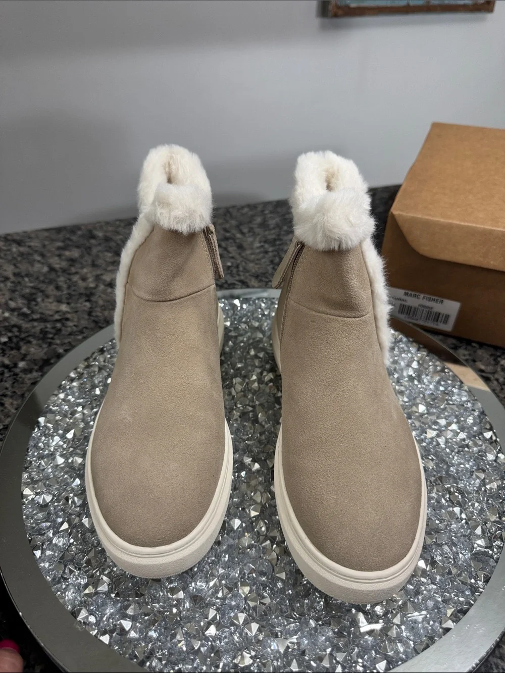 Marc Fisher Foggie Taupe Suede and faux fur Trim Ankle Boots NEW 7.5